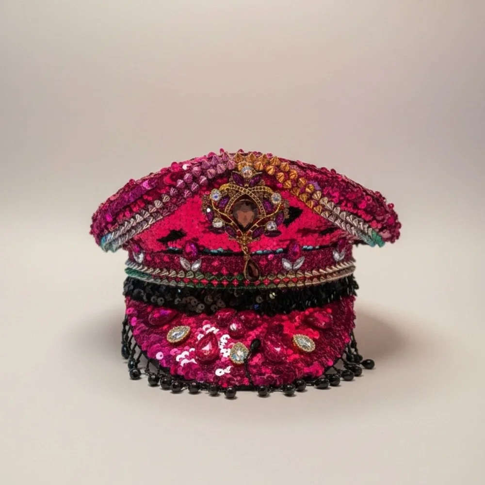 Nu Shuz Fuchsia Sequin Black Jeweled Fringe Statement Captain Festival Hat
